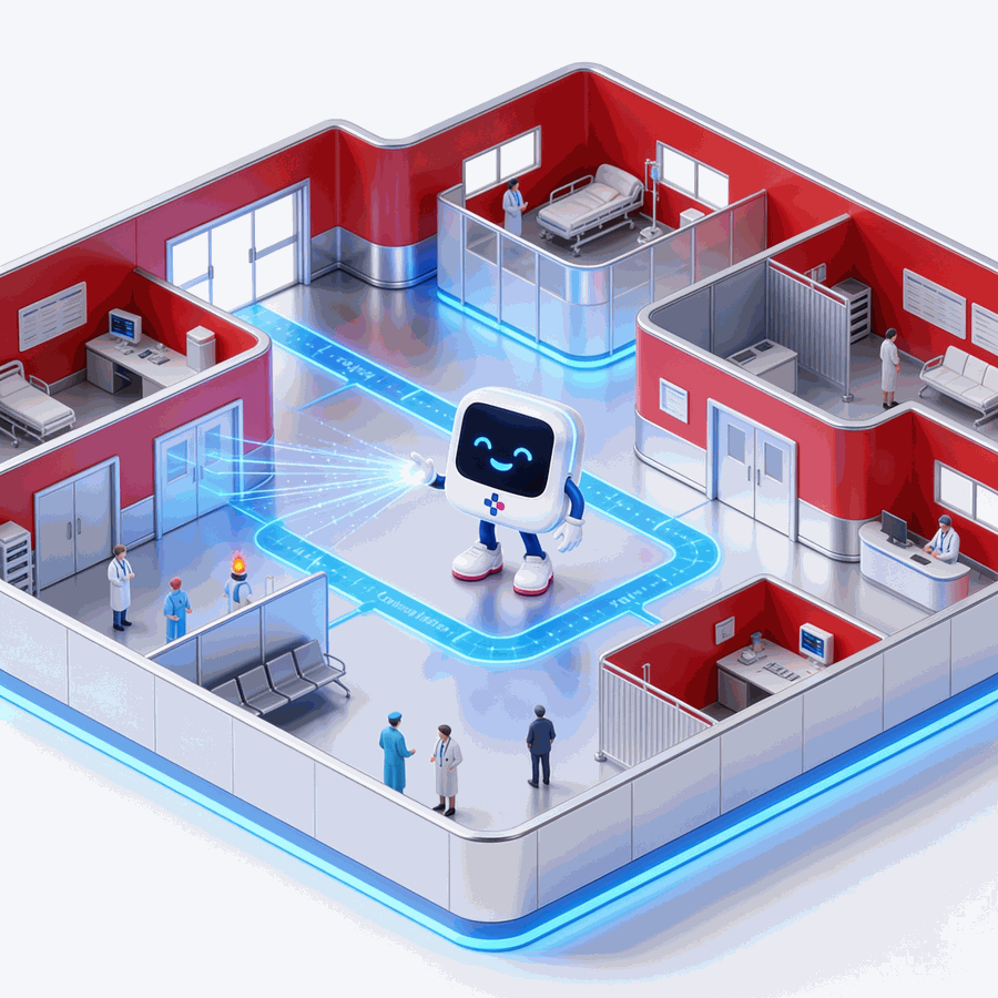 HODO EReazy — emergency room / ER automation and clinical decision support system for busy emergency departments, OPDs and rapid-care clinics, illustrated as an isometric hospital emergency floor with triage, ACLS and ATLS pathway zones connected in real time