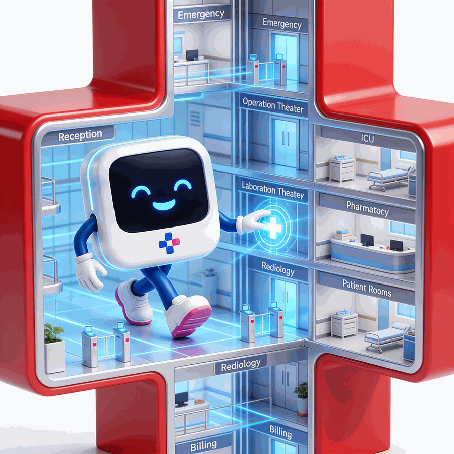 Healzapp for Hospitals — AI hospital information system for multi-specialty hospitals, medical centres and hospital chains, illustrated as a connected network of hospital buildings