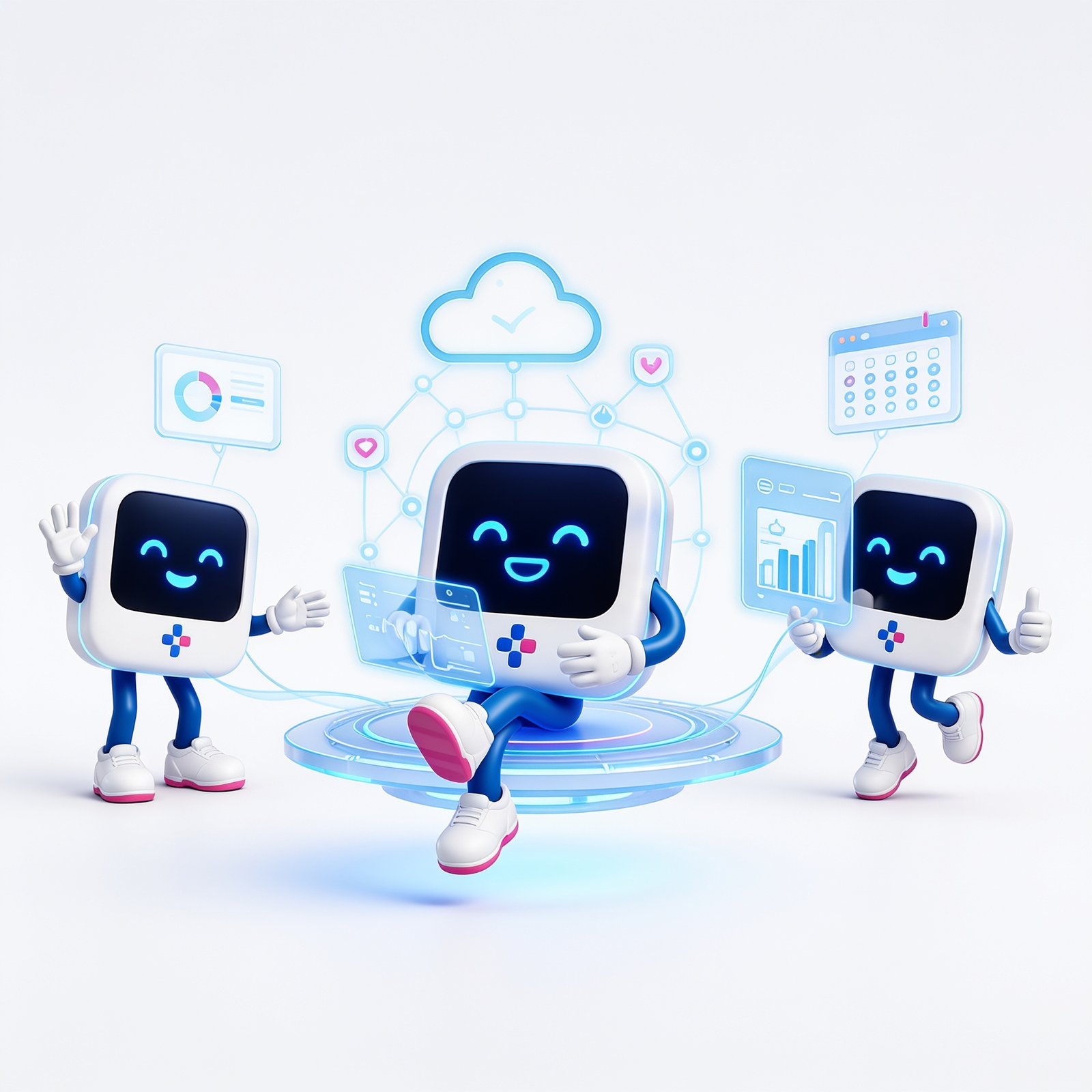 HODO AI-powered hospital, clinic and diagnostic-lab management platform — friendly robot mascots representing Healzapp, Labzapp and EReazy on a cloud dashboard.