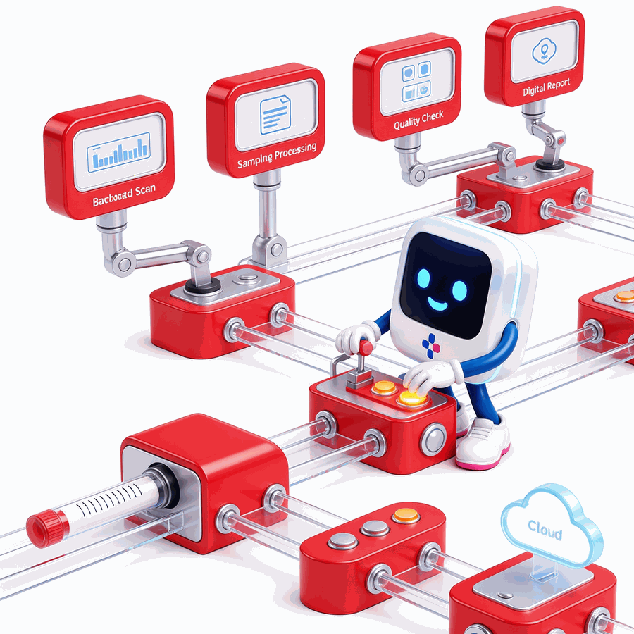 HODO Labzapp — AI-enabled LIMS / laboratory information management system for diagnostic labs, pathology centres and multi-centre diagnostic chains, illustrated as a connected network of lab equipment and sample collection points